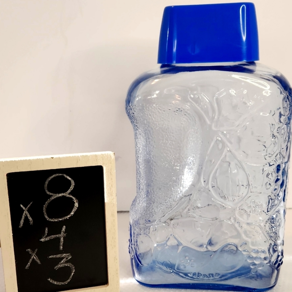 Cisper vintage blue glass carafe spouted sealed lid‎ & raised fruit pattern
